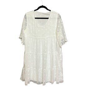 Shein White Chenille Star Lined Babydoll Dress Size L